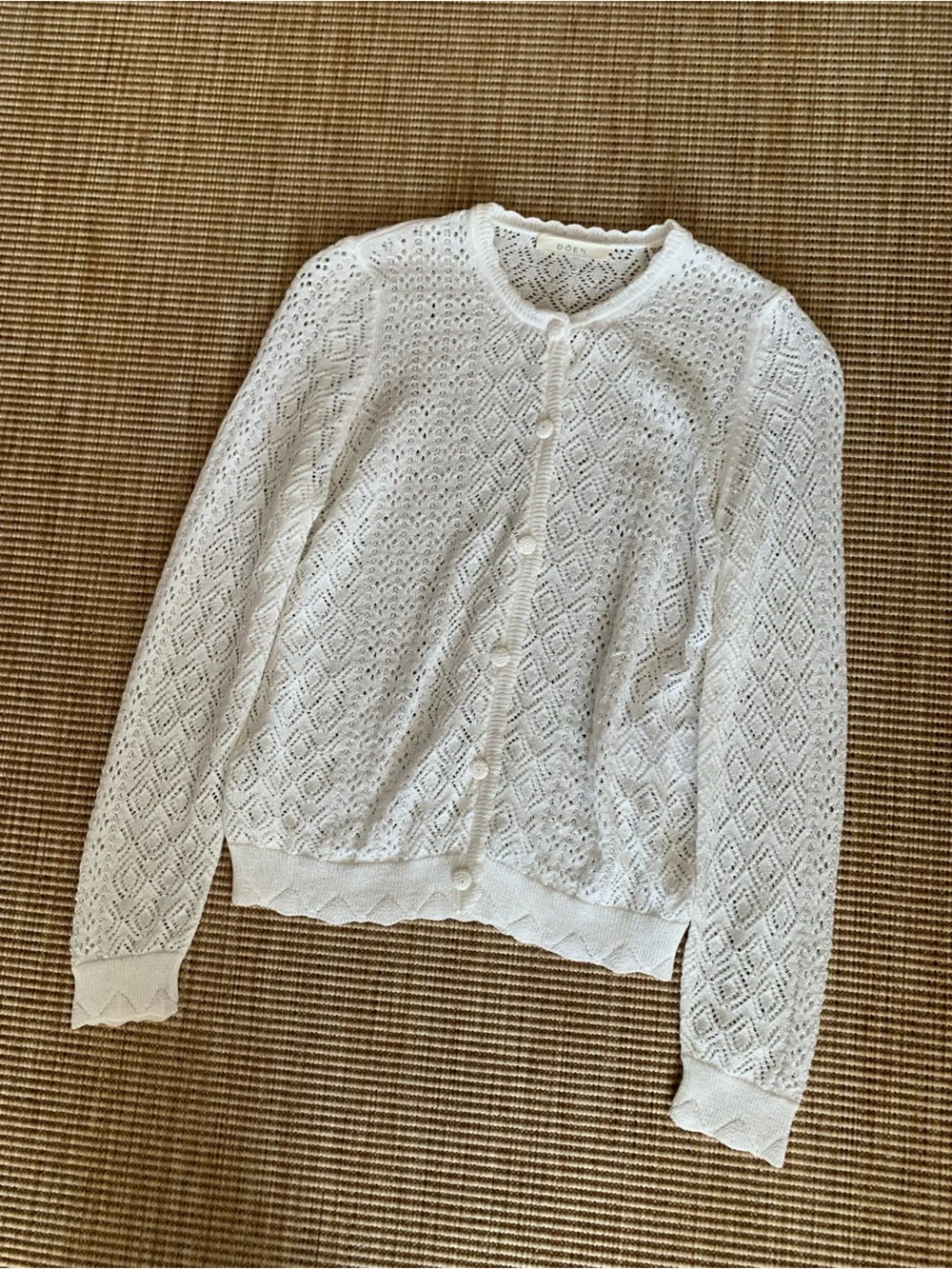 Doen Diane Pointelle Lace Crochet Button Knit Cardigan Sweater Top Ivory White